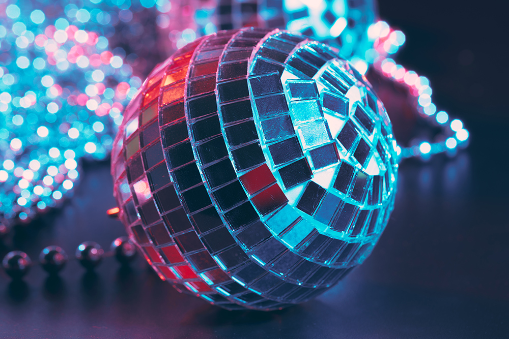 Mirror balls Illuminating in the dark close up